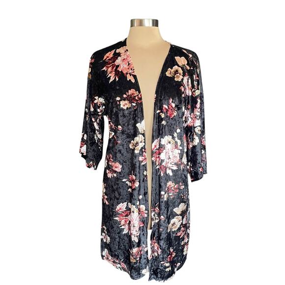 Black Velvet Floral Print Long Line Kimono MED Dark Cottage Whimsigoth Romantic - Picture 1 of 7